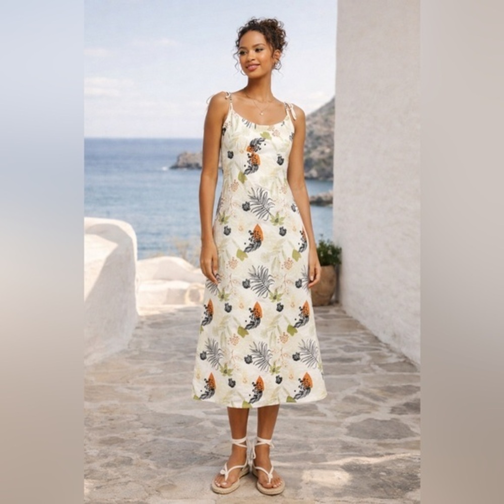 Charlie Holiday Mallorca Marina Linen Blend Midi Dress Tie Shoulder NWT 8 #1087